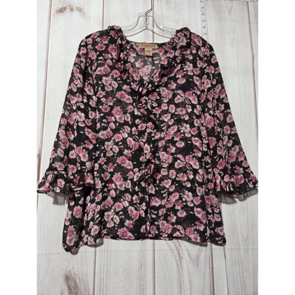 Notations Womens XL Pink Floral Ruffle V-Neck Chiffon Blouse 3/4 Sleeve MS6B0014